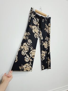 C.Est 1946 Black Floral Pattern Wide-Leg Tie Waist Pants Size Large Petite